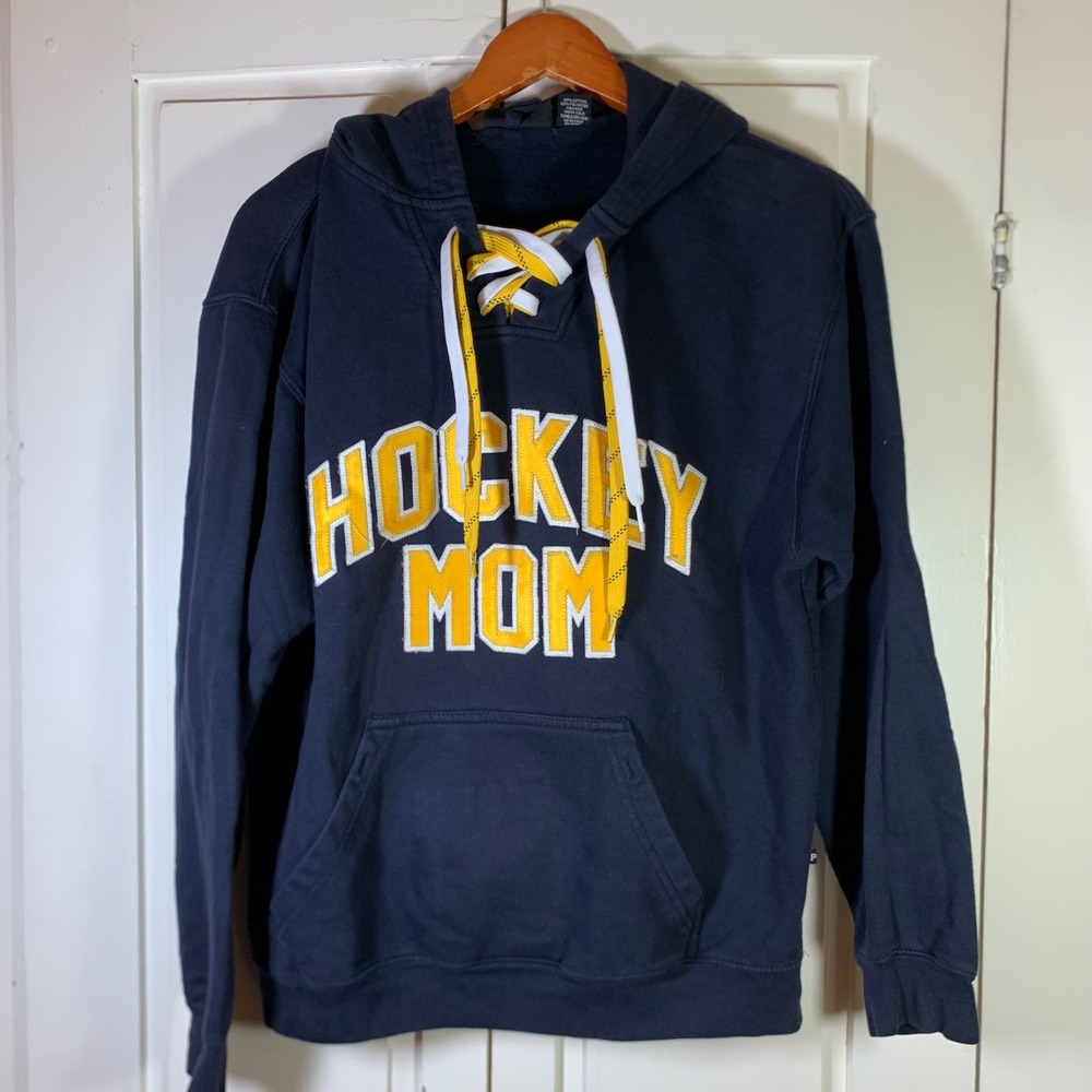 Hockey Mom Gift Lace Up Hoodie Pennant Sportswear Blue Yellow Small Fan Parent